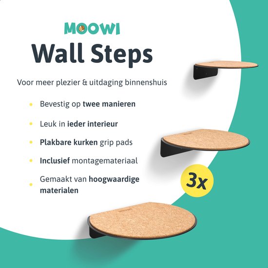 Moowi Wall Steps - 3 stuks -Zwart - Katten Klim Wand - Katten Muur - Plankjes - Kattenspeelgoed
