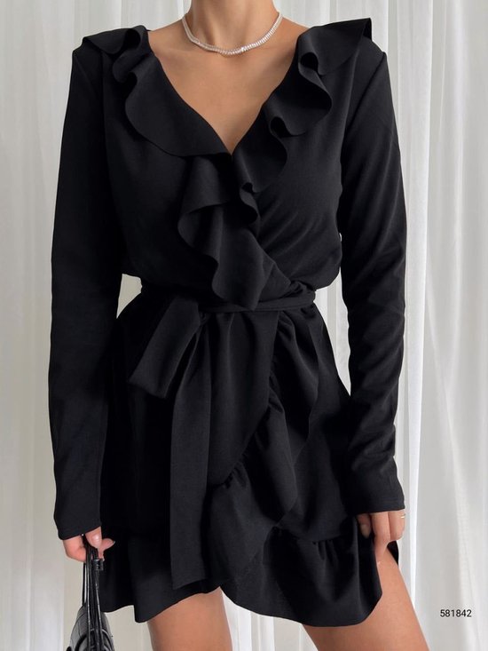 Overslag jurk met touwriem en ruches | Zwart