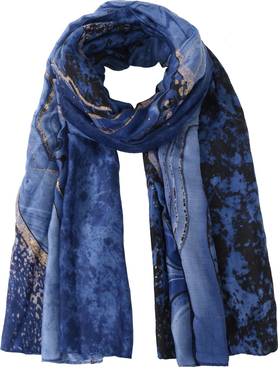 Nouka Blauwe & Gouden Dames Sjaal - Warme & Lichte Sjaal – met Print – Alle Seizoenen – 70 x 180 cm