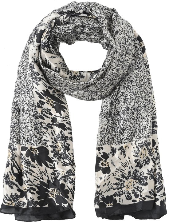 Nouka Zwarte & Witte Dames Sjaal - Satijnen Gevoel - Warme & Lichte Sjaal – Bloemenprint– Alle Seizoenen - 70 x 180 cm