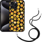Cazy Hoesje met koord Zwart geschikt voor iPhone 15 Pro Max Emoji