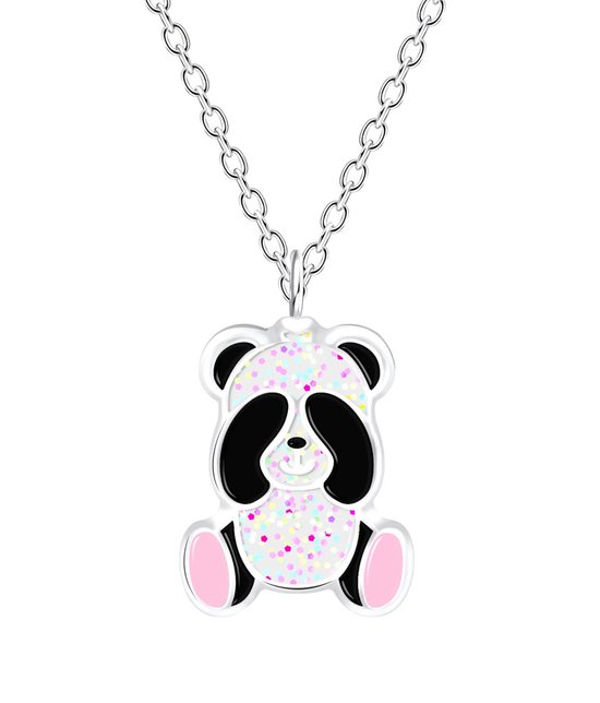 Joy|S - Zilveren panda hanger met ketting - panda met glitters - 36 cm + 5 cm extension
