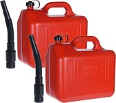 Jerrican/réservoir d'essence - 2x - 20 litres - rouge - plastique - avec bec long