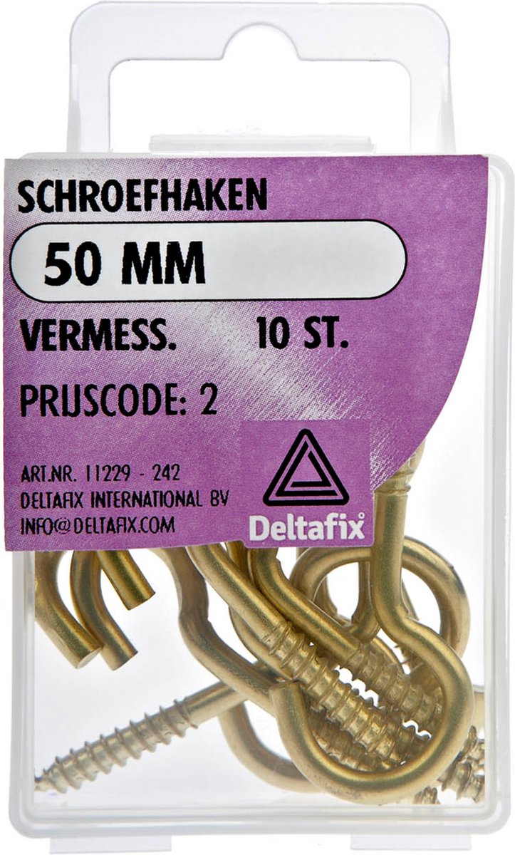 Deltafix Schroefhaken - 10x - vermessingd metaal - 50 mm - ijzerwaren bevestigsmaterialen
