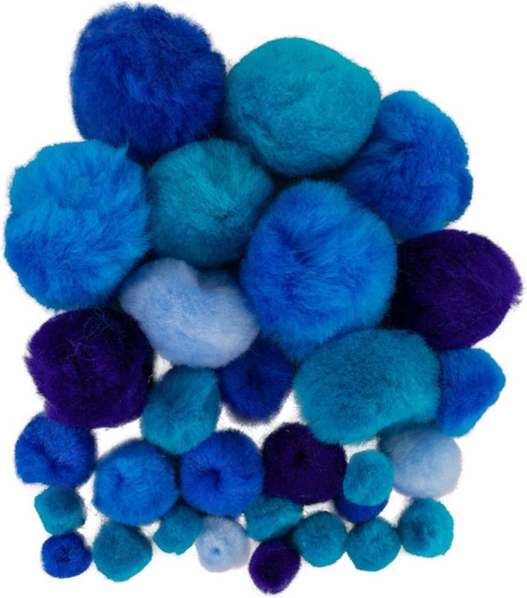 Pompons - 30x - blauwe tinten - 10-40 mm - hobby/knutsel materialen