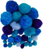 Pompons - 30x - blauwe tinten - 10-40 mm - hobby/knutsel materialen