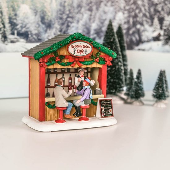 Een kersttafereel van een café met de tekst 'Christmas Spirits Cafe' en een menu.