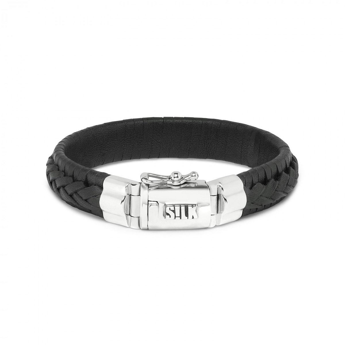 SILK Jewellery - Zilveren Armband - Weave - 742BLK.20 - zwart leer - Maat 20