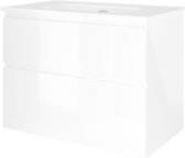 Proline Porselein Elegant badmeubelset met wastafelonderkast asymmetrisch met 2 laden en glans witte wastafel zonder kraangat 80 x 46 x 60 cm, glans