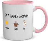 Akyol - i'm a simple woman sunshine, coffee, cat koffiemok - theemok - roze - Quotes - vrouwen die simpel zijn - vrouwen - quotes - verjaardagscadeau - verjaardag - cadeau - kado - geschenk - gift - 350 ML inhoud