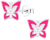 Joy|S - Zilveren vlinder oorbellen - 6 x 8 mm - roze wit
