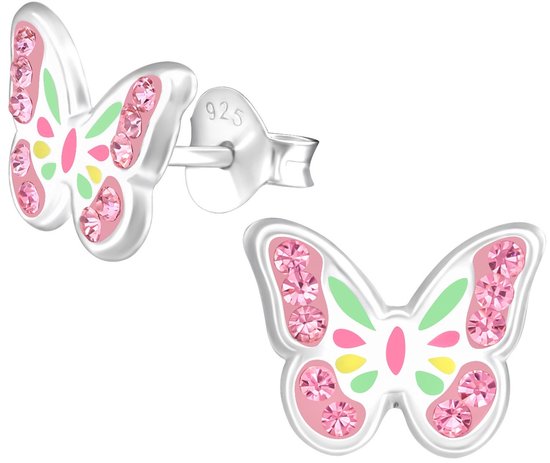 Joy|S - Zilveren vlinder oorbellen - 8 mm - roze kristal