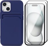 Hoesje Pasjeshouder geschikt voor iPhone 15 Plus - 2x Screenprotector FullGuard - Siliconen Case Back Cover Blauw & Screen Protector