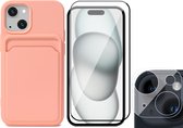 Hoesje Pasjeshouder geschikt voor iPhone 15 Plus - Screenprotector FullGuard + Camera Lens Screen Protector - Siliconen Case Back Cover Roze