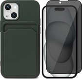Hoesje Pasjeshouder geschikt voor iPhone 15 - Privacy Screenprotector FullGuard - Siliconen Case Back Cover Groen & Screen Protector