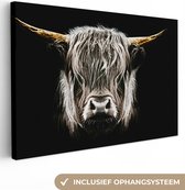 Canvas Schilderij Schotse hooglander - Goud - Hoorns - Zwart wit - Koe - Dieren - 90x60 cm - Wanddecoratie