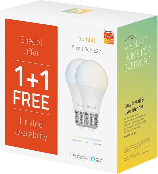 Verpakking '1+1 FREE' voor Hombli Smart Bulb E27. Toont slimme lamp, 'Powered by Tuya', 'A SMART HOME FOR EVERYONE'.