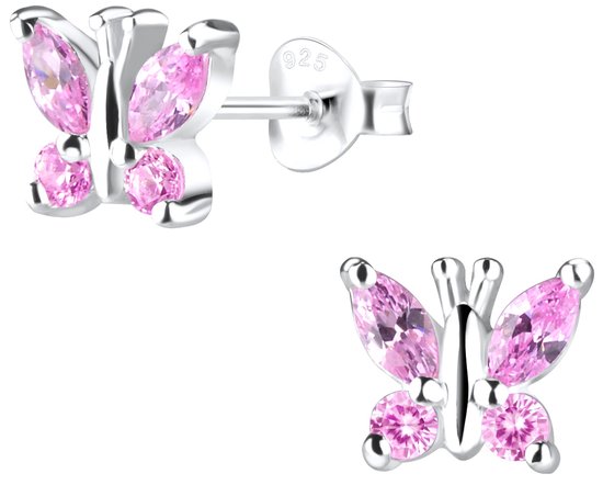 Joy|S - Zilveren vlinder oorbellen - zirkonia roze - 6 x 7 mm
