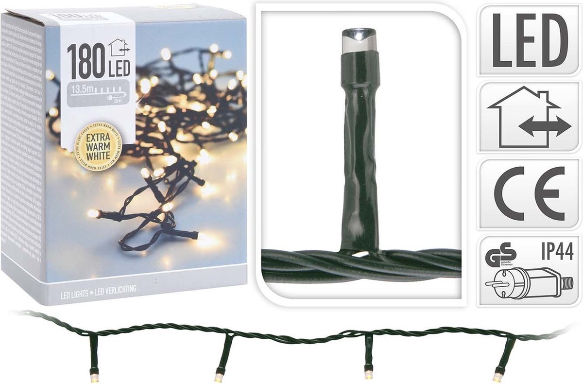 Kerstverlichting lichtsnoer - 180 led lampjes - warm wit - 13,5 meter - kerstboomverlichting – foto 2