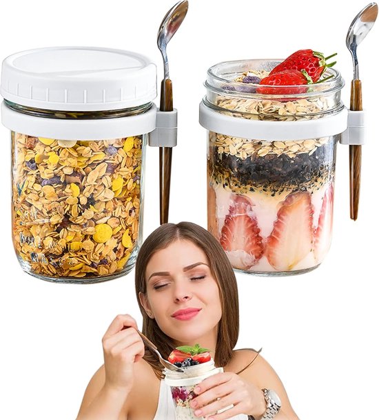 Aevcvok Overnight Oats Jar, 300 ml glazen met deksels, maaltijd prep