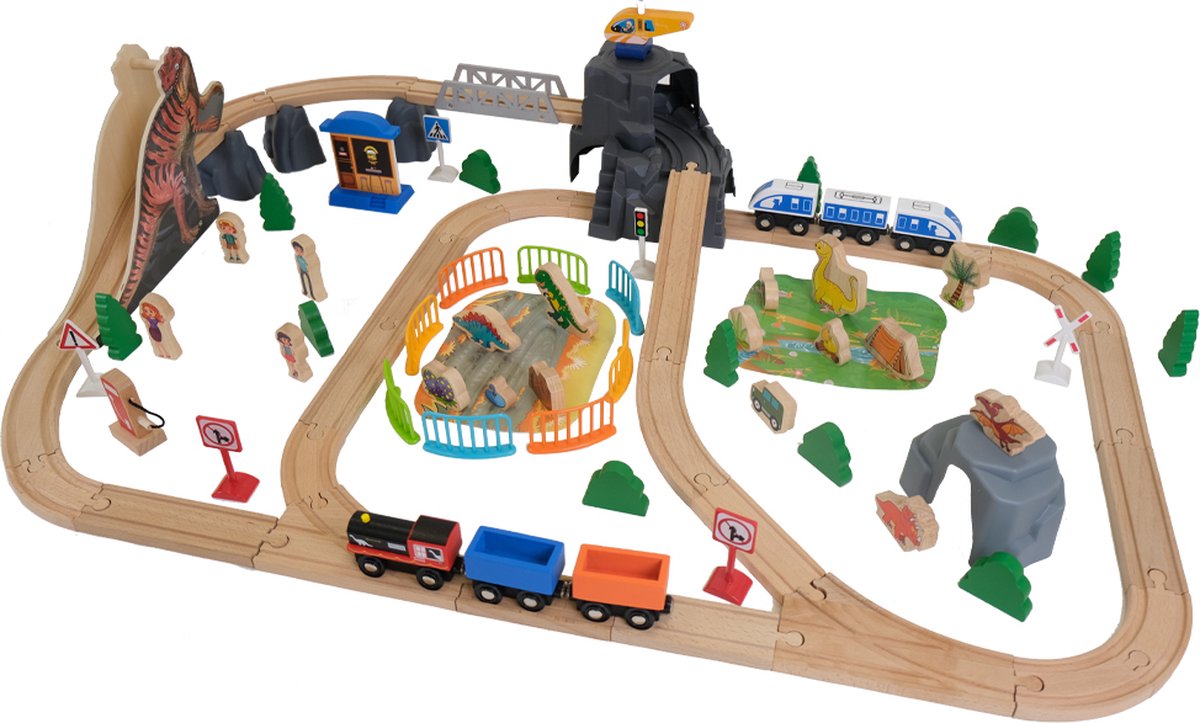 Bandits & Angels Houten Treinset Dinosaurus 90 delig vanaf 3 jaar voor Jongens en Meisjes - Trein Set van Hout voor Kinderen - Treinbaan met Accessoires - 90 delen — afbeelding 7