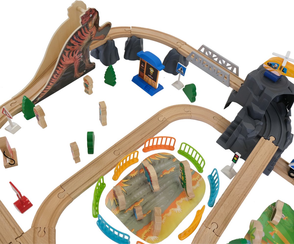 Bandits & Angels Houten Treinset Dinosaurus 90 delig vanaf 3 jaar voor Jongens en Meisjes - Trein Set van Hout voor Kinderen - Treinbaan met Accessoires - 90 delen — afbeelding 5