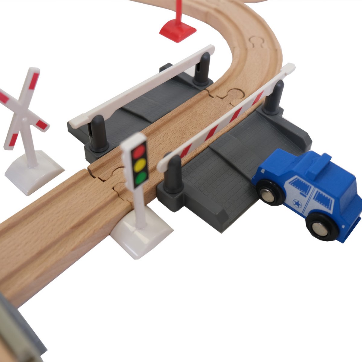 Bandits & Angels Houten Treinset Transport Thema 100 delig vanaf 3 jaar voor Jongens en Meisjes - Trein Set van Hout inclusief Accessoires - 100 delen - Houten Treinbaan met Trein, Hijskraan, Vliegtuig, Helikopter — afbeelding 9