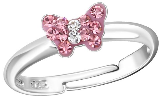Joy|S - Zilveren vlinder ring - roze en wit kristal - verstelbaar - voor kinderen