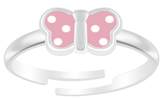 Joy|S - Zilveren vlinder ring - verstelbaar - roze met witte stipjes - voor kinderen