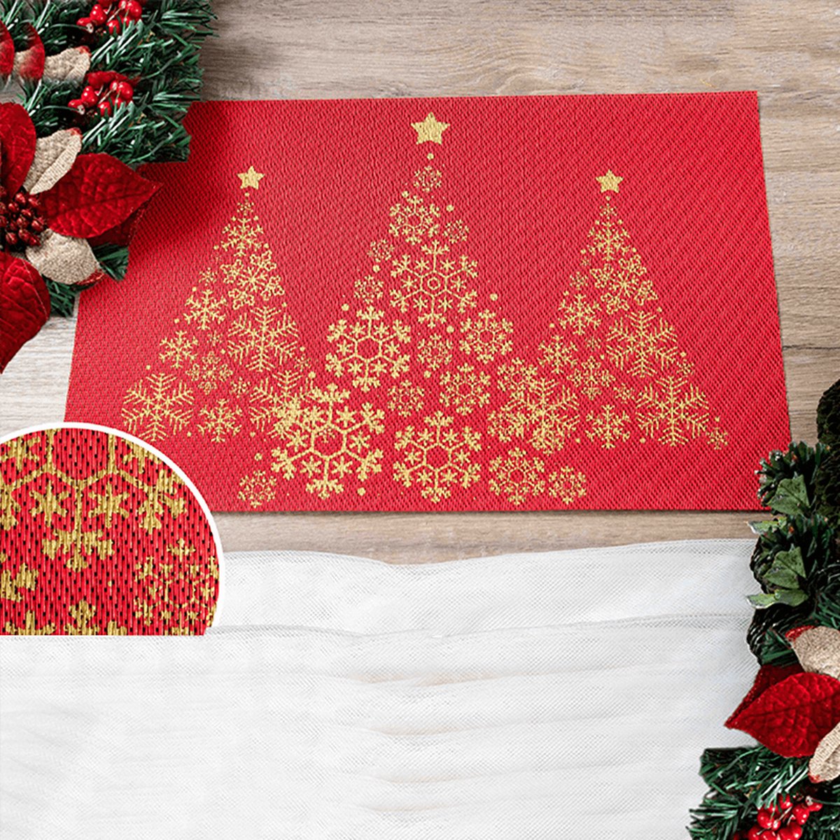 Placemat Franse Tafelkleden® anti-vlek vinyl rood met gouden kerstboom