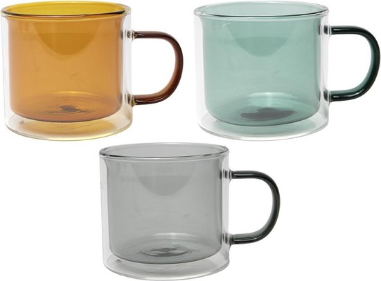 Theeglas Gekleurd dubbelwandig glas met oor 240ml Ø8,5xh7.5cm zwart-bruin-petrol doos a 6 stuks