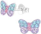 Joy|S - Zilveren vlinder oorbellen - 9 x 7 mm - paars met blauw roze en lila kristal - kinderoorbellen