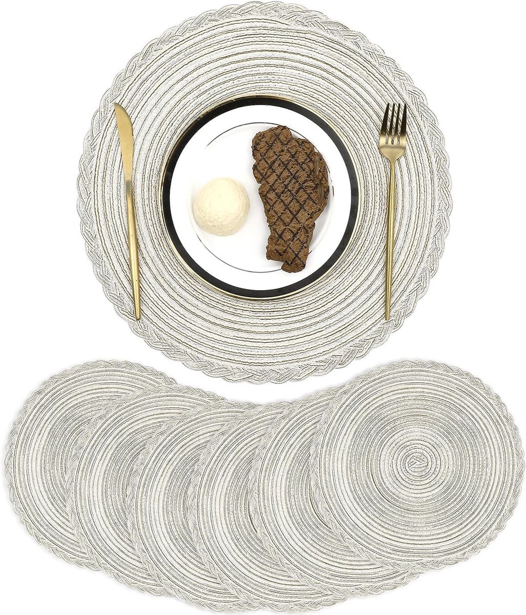 Set van 6 placemats van gevlochten, hittebestendig, rond, crèmekleurig