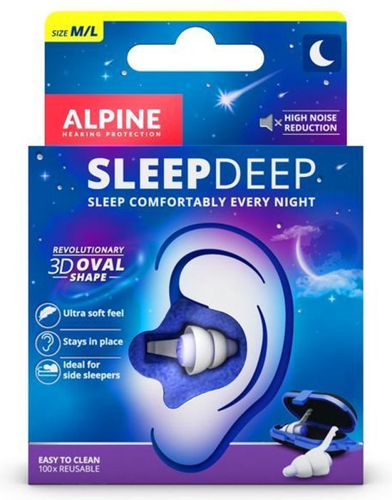 Alpine SleepDeep - Oordoppen slapen - Maximale geluidsdemping - Perfect voor zijslapers - 27dB SNR - Medium size - 1 paar - Alpine Hearing protection