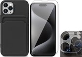 Hoesje Pasjeshouder geschikt voor iPhone 15 Pro - Screenprotector GlassGuard + Camera Lens Screen Protector - Siliconen Case Back Cover Zwart