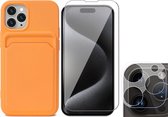 Hoesje Pasjeshouder geschikt voor iPhone 15 Pro Max - Screenprotector GlassGuard + Camera Lens Screen Protector - Siliconen Case Back Cover Oranje