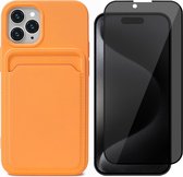 Hoesje Pasjeshouder geschikt voor iPhone 15 Pro - Privacy Screenprotector FullGuard - Siliconen Case Back Cover Oranje & Screen Protector