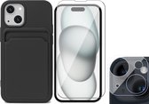 Hoesje Pasjeshouder geschikt voor iPhone 15 - Screenprotector GlassGuard + Camera Lens Screen Protector - Siliconen Case Back Cover Zwart