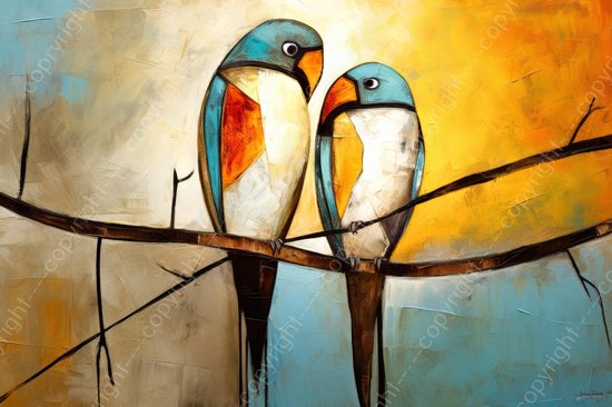 JJ-Art (Canvas) 120x80 | Papegaaien, modern surrealisme, kleurrijk, abstract, kunst | dier, papegaai, vogel, blauw, geel, bruin, wit, modern | Foto-Schilderij canvas print (wanddecoratie)
