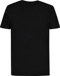 Zwarte katoenen T-shirt met ronde hals en korte mouwen, achterkant.
