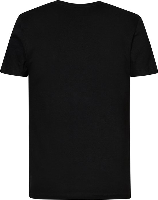 Zwarte katoenen T-shirt met ronde hals en korte mouwen, achterkant.