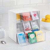 Theedoos - keukenorganizer/opbergbox voor theezakjes, koffiepads, suiker en meer - met 27 compartimenten en 3 lades/plastic - wit/doorzichtig