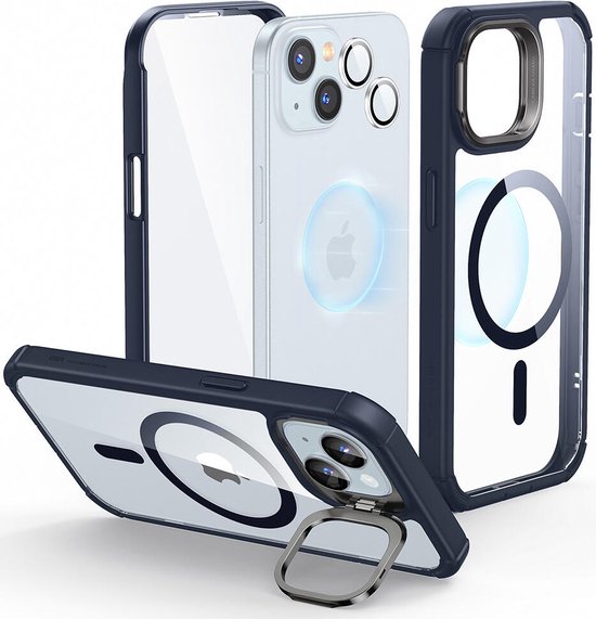 Coque ESR Armor Tough HaloLock adaptée à Apple iPhone 15 | Compatible avec MagSafe | avec béquille de rangement | Protection complète | Protection Extra de la caméra | Bleu transparent