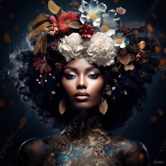 JJ-Art (Canvas) 100x100 | Donkere Afrikaanse vrouw met bloemen, gezicht, hoofd | mens, vierkant, rood, wit, bruin, blauw, modern | Foto-Schilderij canvas print (wanddecoratie)