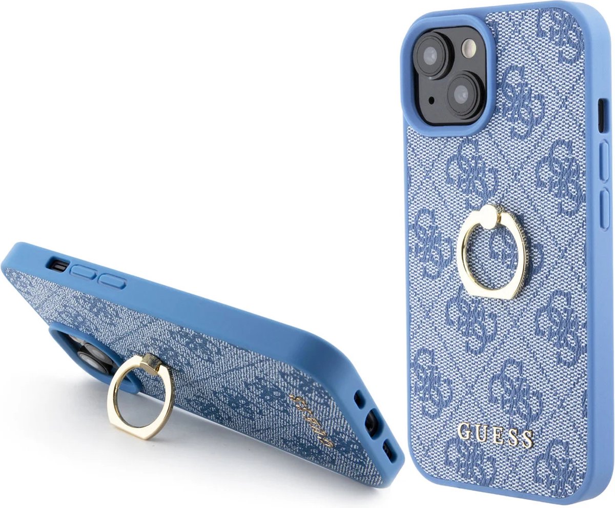 Guess iPhone 15 Hardcase hoesje - 4G - Met Ringhouder - Blauw