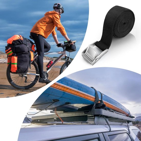 2 stuks 3 m spanbanden, verstelbare sjorband met klemsluiting, spanbanden met ratel, robuuste ratelriem, stationair, voor auto, fiets, steekwagen, motorfiets, bagage, camping (zwart