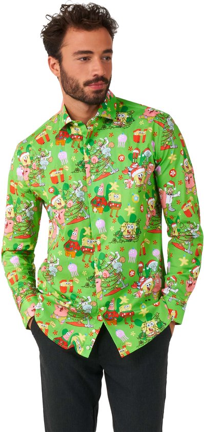 OppoSuits SpongeBob Kerst Shirt - Heren Overhemd - Kerstfeest Nickelodeon Shirt - Groen - Maat: M