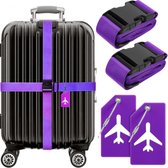 Sangle de valise BOTC - 4 pièces - 2 sangles de bagages + 2 étiquettes de bagages - 188 cm * 5 cm - Riem de bagage - Sangle de bagage - Réglable - Violet