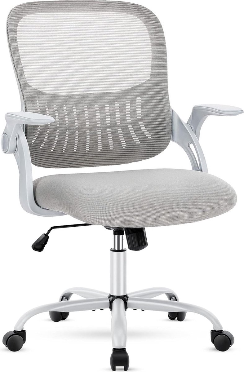Ergonomische Bureaustoel - Kantoorstoel, Bureaustoel, Computerstoel, Office Chair - Volwassenen - Mesh rugleuning - Verstelbare hoogte en kantelfunctie - Biedt lumbale ondersteuning - Omkeerbare armleuningen - Opbergmand - Grijs