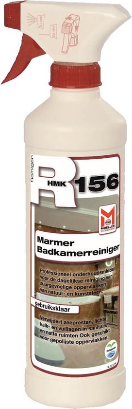 Fles HMK R156 Marmer Badkamerreiniger met rode dop en spuitkop. Tekst: 'Professioneel onderhoudsmiddel'.